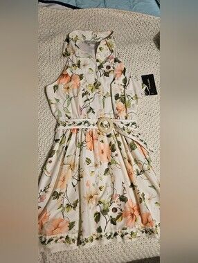 Taylor Cream Floral Halter Dress with Peach Blooms. Cottage, Tea Time, Wedding